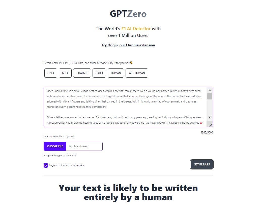 GPTZero plagiarism test